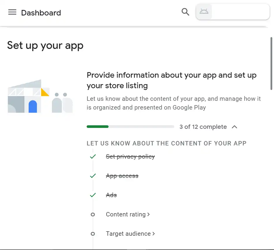 Screen clip from Google Search Console of how to set up your app