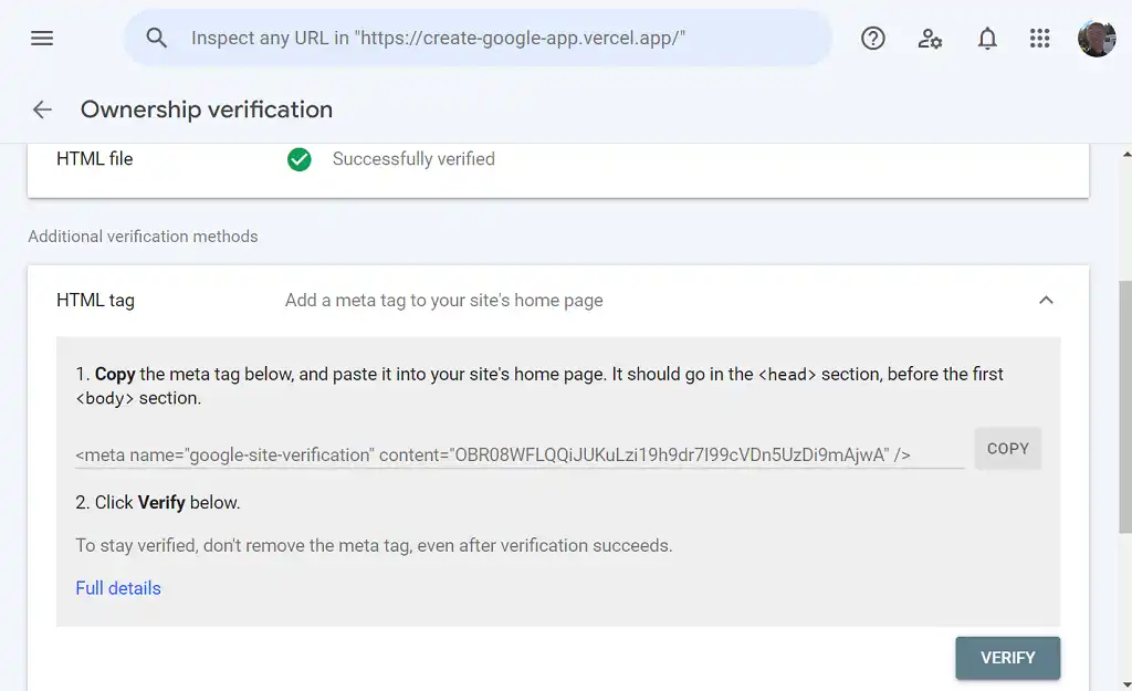 Capture of the second verification method in Google Search Console.